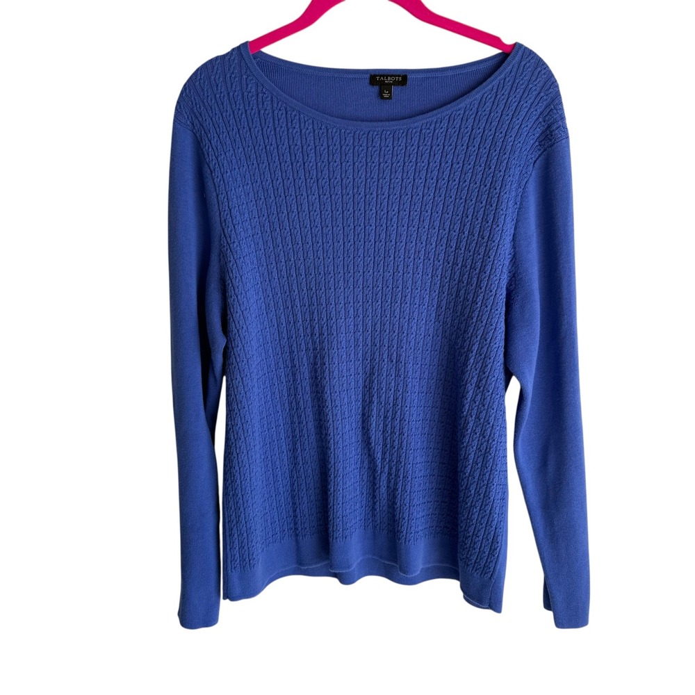 TALBOTS Blue Cableknit Long Sleeve Button Cuff Ladies Crewneck PreppySweater, LP